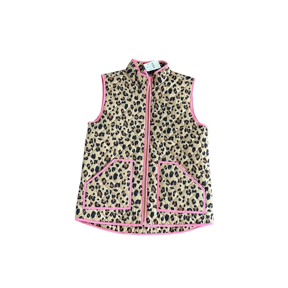 Crewcuts Girls Leopard Print Quilted Puffer Vest Pink Trim NWT Full Zip Sz 14
